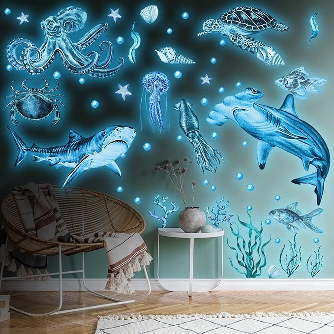 Sabary 4 Pieces Glow in The Dark Ocean Wall Decals Under The Sea Wall Decals Fish Stickers PVC Sea Animals Stickers for Room Living Room Nursery Bathroom Decoration