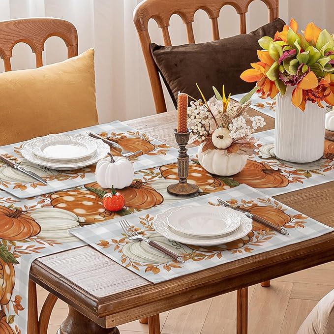 Romanstile Fall Placemats Set of 8-12 X 18 Inch - Thanksgiving Autumn Harvest Pumpkin Buffalo Plaid Place Mats, Stain Resistant Wipeable Table Mats for Party/Dining/Holiday- Grey Blue Checkered