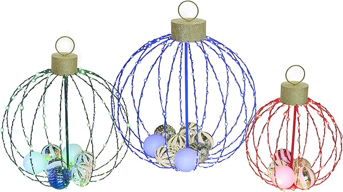 Outdoor Christmas Decorations, Set of 3 Lighted Christmas Ball Ornaments with 570 LED Lights, 6 Ground Stakes, Included 20 Small Plastic Xmas Ball Ornaments for Holiday Decor Yard