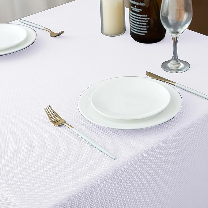 Biscaynebay Textured Fabric Tablecloths 70x108 Inches Rectangular, White Water Resistant Tablecloths for Dining, Kitchen, Wedding and Parties etc. Machine Washable