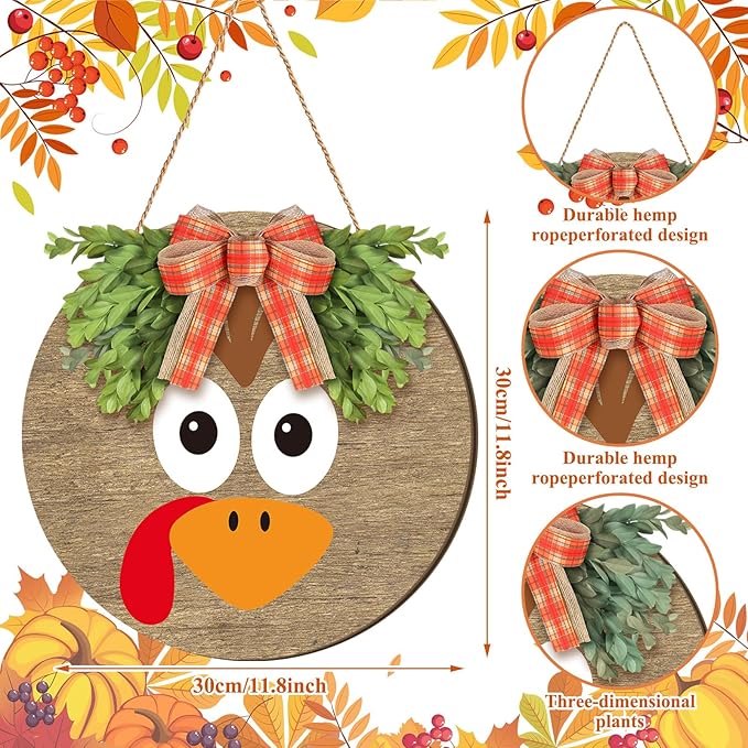 Boao 12 Inch Thanksgiving Door Decoration Turkey Wooden Sign for Front Door Decor Thanksgiving Sign with Bow Wall Art Hanging Wreath Decorations for Harvest Home Outdoor Farmhouse Porch Hanger