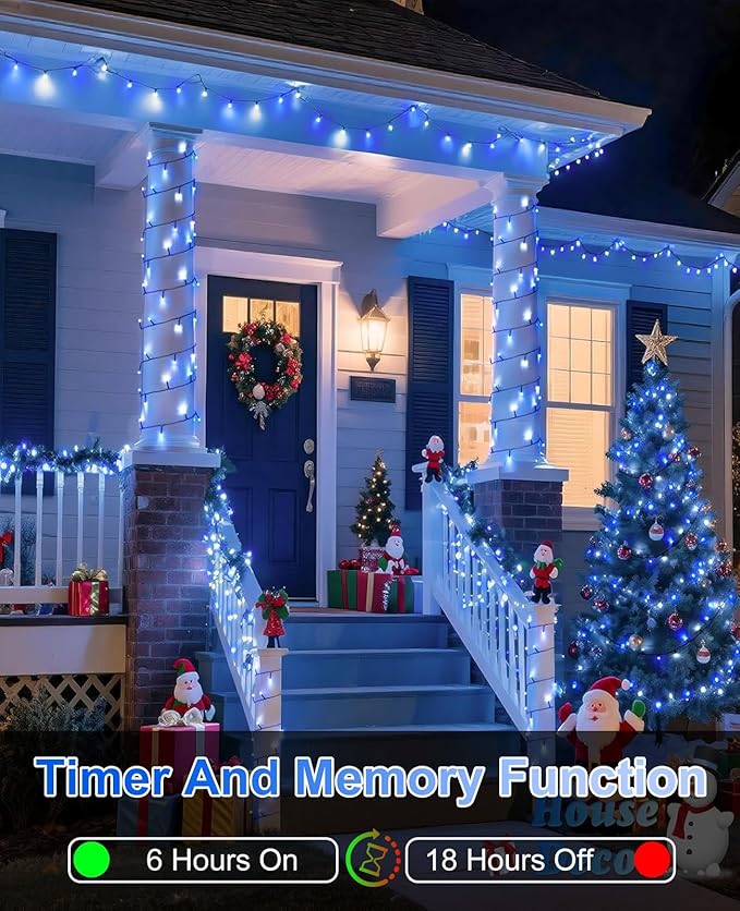 80FT 240 LED Christmas Lights Outdoor, Plug in Christmas Tree Lights Waterproof, 8 Modes & Timer, Connectable Green Wire String Light for Indoor Home Garden Party Holiday Decorations, Blue White