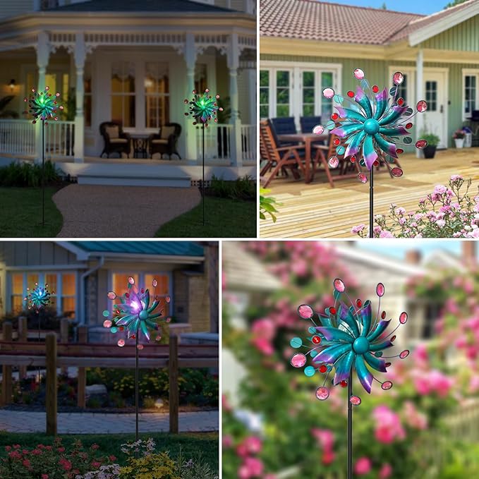 Solar Wind Spinner, 60.63 Inch Outdoor Metal Stake Yard Spinners, Solar Powered Multi-Color LED Glass Ball with Kinetic Wind Sculpture Spinner Windmills for Outdoor Lawn & Garden Decoration