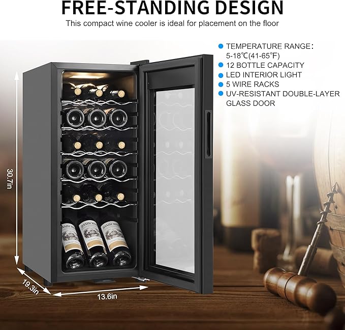 Wine Cooler Refrigerator 18 Bottles, Small Wine Fridge Mini Wine Fridge Countertop with Glass Door Wine Cellars for Red Wine, Champagne, Dry White Wine, Sparkling Wines