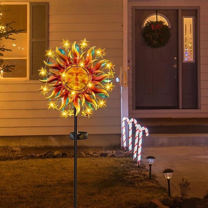 Solar Wind Spinner Metal Sun Decor, Wind Sculptures & Spinners 60.3 in Garden Kinetic Art with Solar Powered Vine String Shining LED Lights for Outdoor Garden Lawn Yard