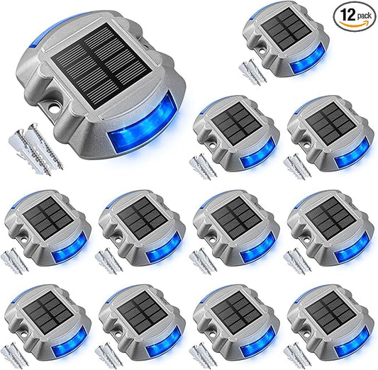 Solar Deck / Dock Lights, VOLISUN 12-Pack Led Wireless IP67 Waterproof Outdoor Warning Step Lights for Driveway Sidewalk Garden Pathway Yard (Blue)