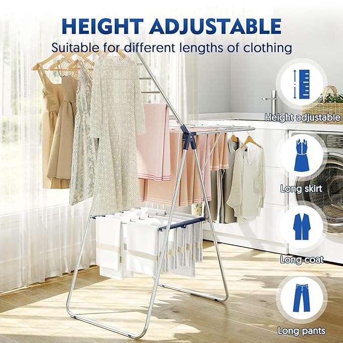 APEXCHASER Clothes Drying Rack, Drying Rack Clothing with Height-Adjustable, Foldable Gullwings Laundry Drying Rack, Indoor Outdoor Use, No Assembly