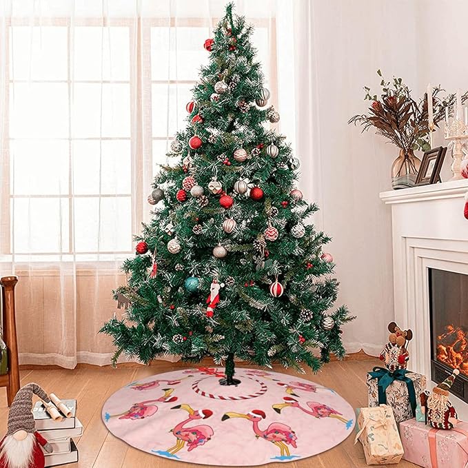 36" Large Christmas Tree Skirt, Christmas Decorated Flamingo Pattern Tree Mat Base Cover for Xmas Festive Holiday Party Decoration Ornaments