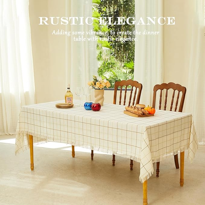 Table Cloth Rectangle Table-Rustic Cotton Tablecloth Craft Fringed Farmhouse Table Cloths for Kitchen Dining (55x102 Inch, Cream Plaid)