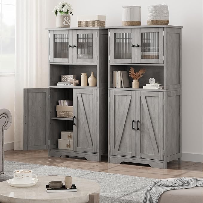 GarveeHome 54in Tall Bathroom Cabinet, Farmhouse Storage Cabinet with Glass Doors and Adjustable Shelves, Freestanding Kitchen Pantry Cabinets, Cupboard for Living Room, Dining Room, Gray