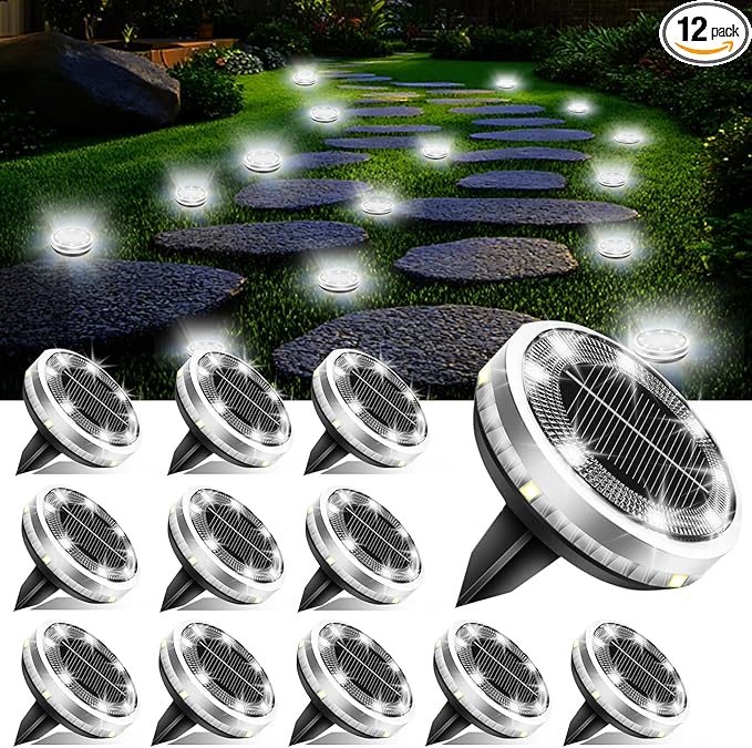 Solar Ground Lights Outdoor 12 Pack Waterproof Upgraded Flat Solar Garden Lights with 4 Side Light Stainless Steel Solar Powered Disc Light for Walkway Pathway Landscape Lawn Yard - Cool White