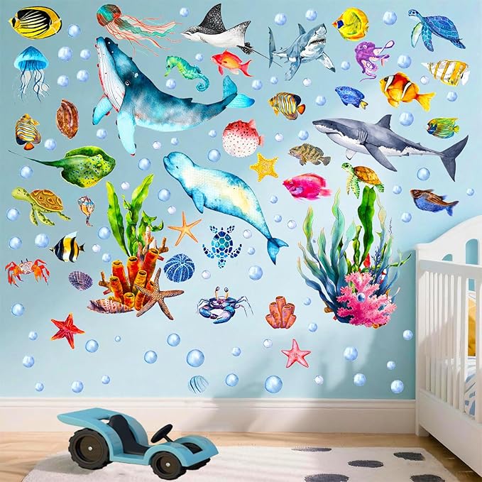 Glow in The Dark Ocean Wall Decals, 4 Sheets Underwater Sea Animal Stickers (Dolphin, Turtle, Jellyfish), Self-Adhesive Kids Bedroom Decor for Boys & Girls, Blue Glow Nursery Wall Art (7.8x11.8in)