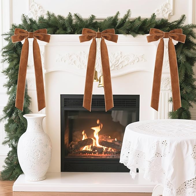 Senjie Velvet Large Christmas Bows for Staircase Garland Wreath, 20in x 8in Vintage Ribbon Bows with Twist Tie for Xmas Tree Holiday Indoor Outdoor Decorations (6Pcs, Light Brown)