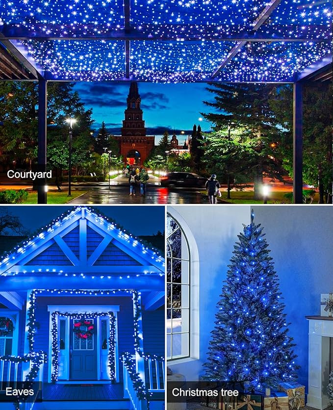 40FT 120 LED Christmas Lights Outdoor, Green Wire Christmas Tree Lights with 8 Modes & Waterproof, Connectable Plug in String Light for Indoor Bedroom Yard Party Wedding Decorations, Blue