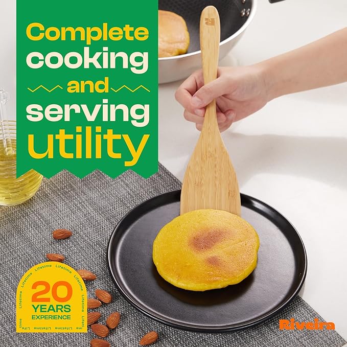 Riveira Natural Bamboo Wooden Cooking Utensils Set of 9 Premium Quality Non-Toxic Wooden Spoons and Spatulas for Cooking
