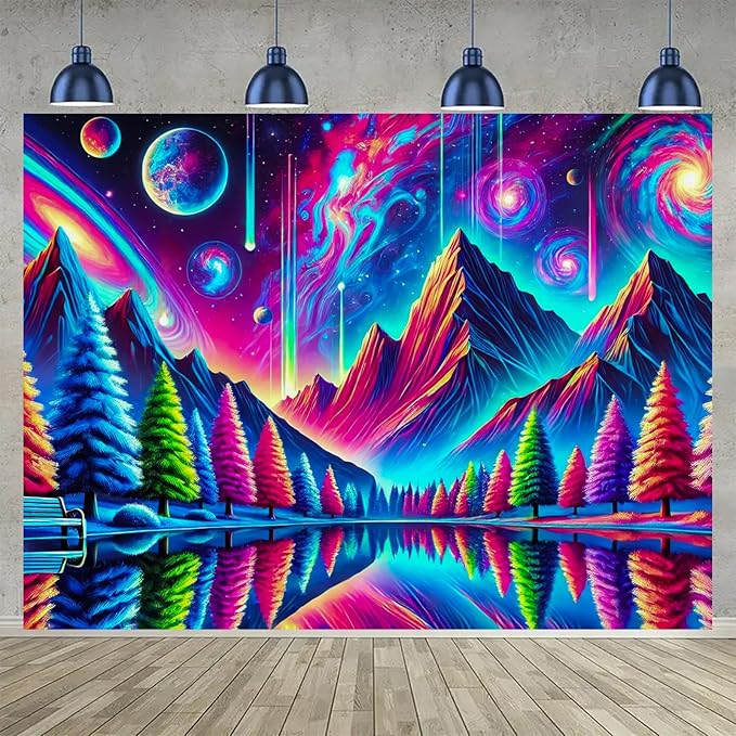 BlissYard Alien Galaxy Reflection UV Black Light Tapestry 78x59 Inches Art Color Neon Light Background Bedroom Living Room Wall Party Decoration Trippy Cosmic Trees Planet Lake Mountain View