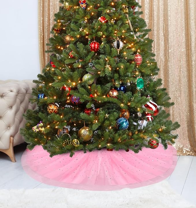 Christmas Wedding Tree Skirt,45 inch 4-Layer Fluffy Romantic Pleated Sparkly Skirt Decoration Xmas Tree Ornament for Holiday and Party(Pink)