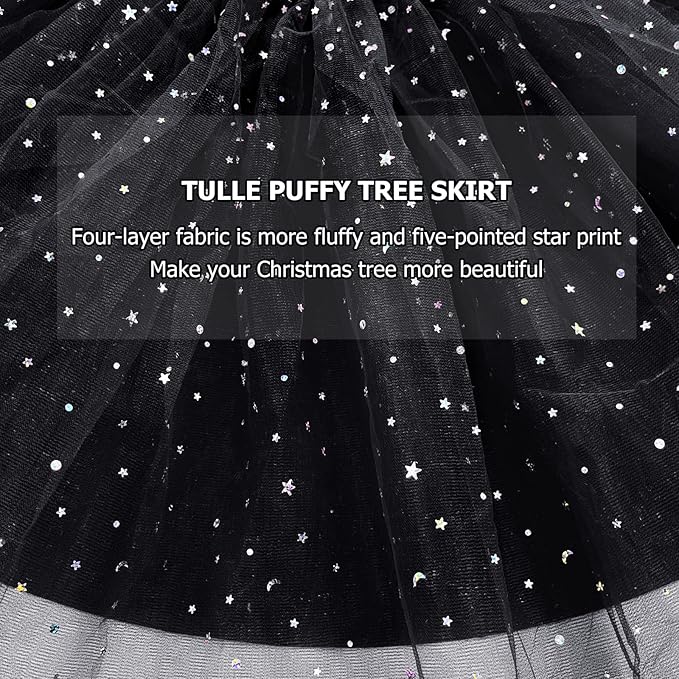 Christmas Wedding Tree Skirt,45 inch 4-Layer Fluffy Romantic Pleated Sparkly Halloween Skirt Decoration Xmas Tree Ornament for Holiday and Party(Black)