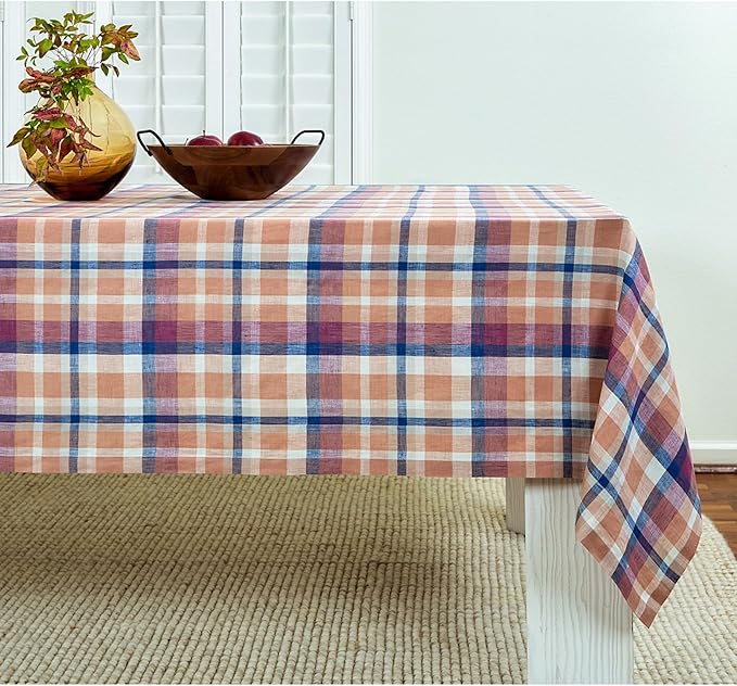 Solino Home Linen Tablecloth 60 x 108 Inch - 100% Pure Linen Plaid Fall Multicolor Table Cloth for Rectangle Tables - Thanksgiving, Autumn, Fall Flavors Madras, Machine Washable Tablecloth