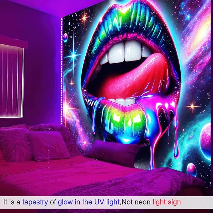 BlissYard Blacklight Tapestry UV Reactive Tapestry Wall Hanging 78x59 Inches Cosmic Rainbow Lips Wall Hanging, Fluorescent Art Decoration for Bedroom, Living Room, and Parties