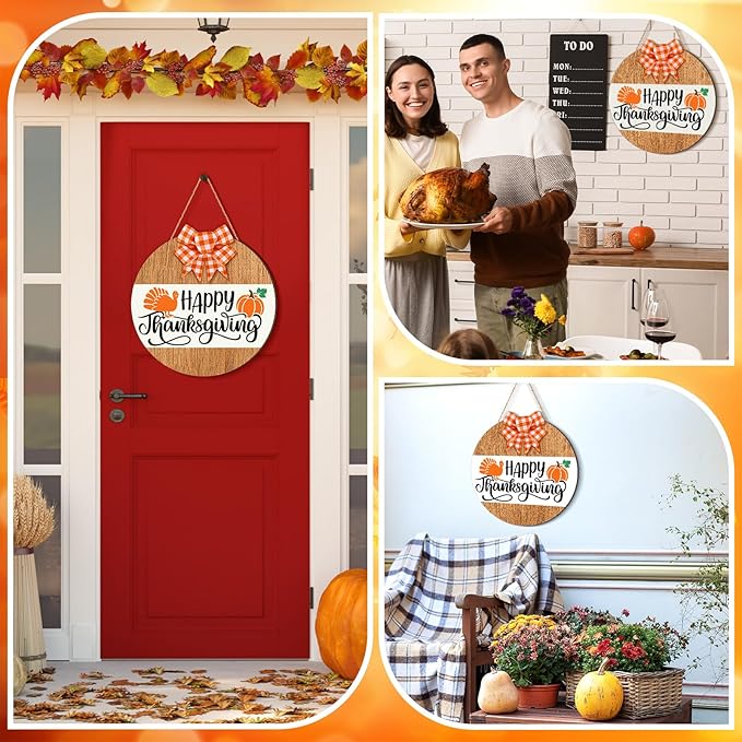 Fall Wreaths for Front Door Happy Thanksgiving Turkey Wooden Hanging Sign Fall Welcome Wreaths with Bow Turkey Farmhouse Wall Decoration for Home Autumn Harvest Front Porch Decor