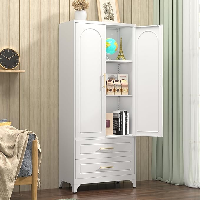 Kitchen Pantry Cabinet, 75" Tall Metal Pantry Cabinet with Two Drawers, Food Cupboards with Doors and Shelves, Freestanding Storage Cabinets for Dining, Living Room, White, Assemble Required