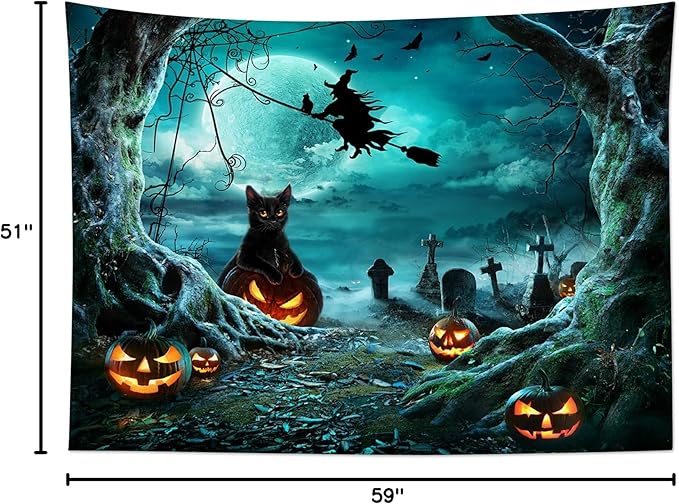 LB Halloween Tapestry Pumpkins Black Cat Dead Tree in Spooky Graveyard Full Moon Night with Witch Halloween Wall Hanging for Bedroom Living Room Dorm Decor 59x51 Inch