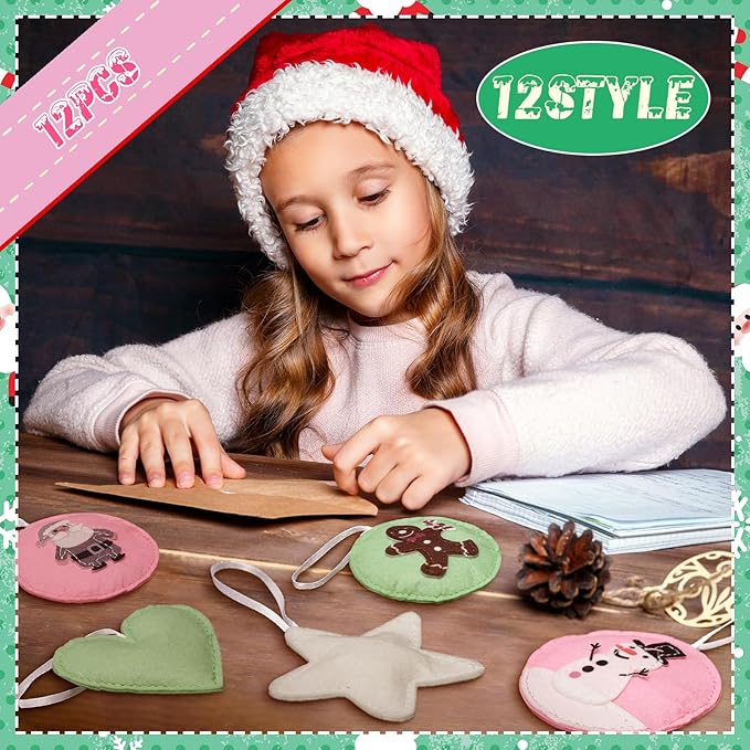 12 Pcs Christmas Felt Ornaments for Tree Santa Claus Snowman Gingerbread 3D Pink Pastel Mint Turquoise Decoration Hanging Felt Craft for Christmas Party Favors Gifts