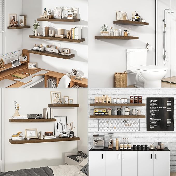 RICHFOCUS 31.5Inch Floating Shelves for Wall 2 Pack Shelves for Bedroom|Kitchen|Bathroom Wall Mounted Rustic Wood Floating Shelf with Invisible Brackets for Books|Storage|Decor, Walnut