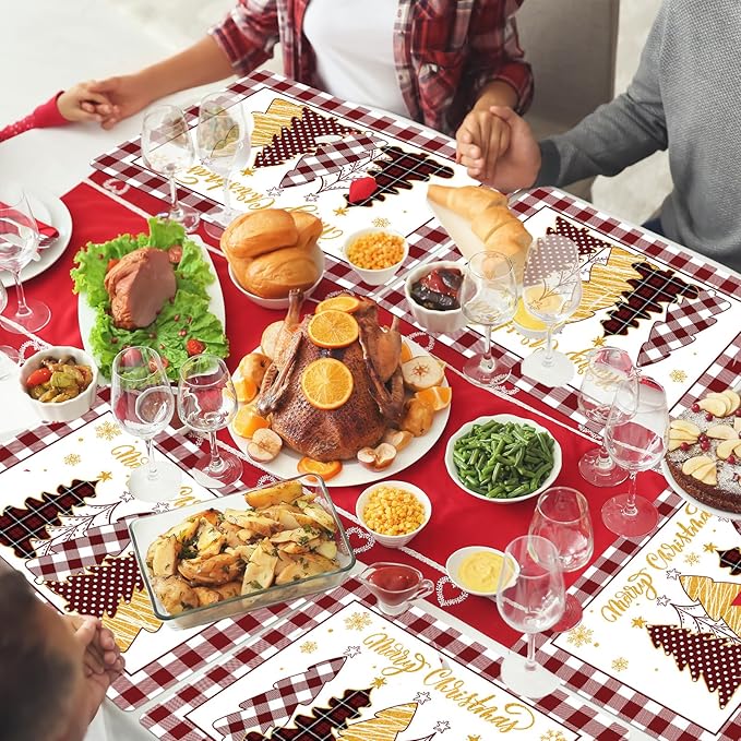 Winter Christmas Placemats Set of 6 Merry Christmas Watercolor Buffalo Plaid Plastic Table Mats Red Gold Xmas Trees Place Mat Holiday Table Decoration for Indoor Outdoor Party Kitchen Dining