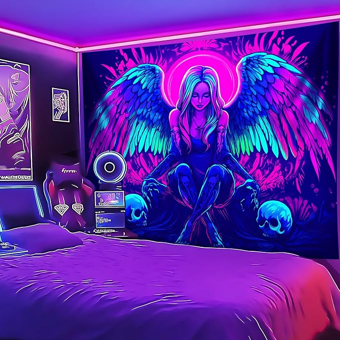 Blacklight Tapestry,WingTapestry Glow In The Dark,UV Reactive Black Light Upright Posters Wall Hanging for Bedroom Dorm Living Room Backdrop Decor (wing4, 79L" x 59W")