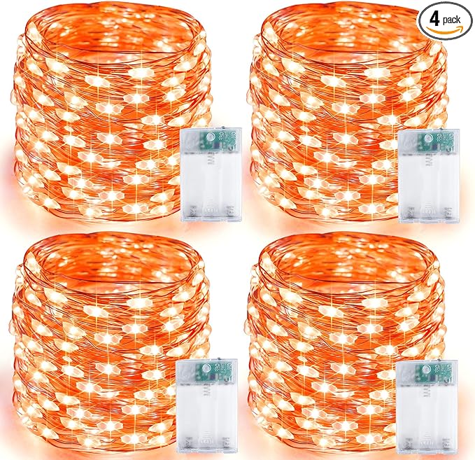 4 Pack 20FT 60LED Halloween Battery Operated Fairy Lights with Timer, Waterproof Battery String Lights Outdoor Indoor, Battery Twinkle Lights for Bedroom Wedding Birthday Party Halloween (Orange)