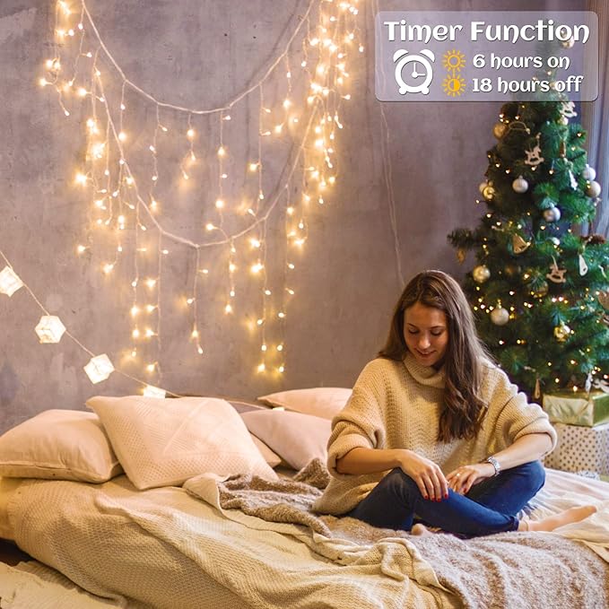 Icicle lights Outdoor - 33ft Christmas Lights with 400LED 75 Drops 8 Modes, Plug in Curtain String Lights Waterproof for Holiday Wedding Party Home Garden Bedroom Indoor Decoration, Warm White