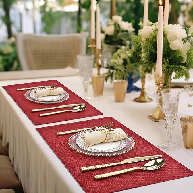 Red Christmas Placemats Set of 4 - Festive Easy to Clean Linen-Style Fabric Table Mats - Machine Washable & Heat Resistant Non-Slip Design for Thanksgiving and Holiday Dining (4, Wine Red)