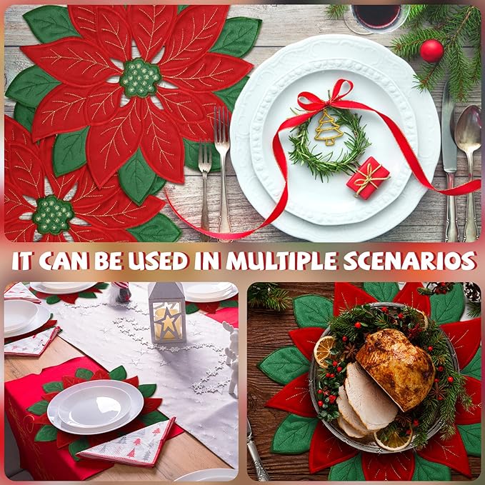 Christmas Placemats Set of 6 Christmas Embroidered Placemats 14 x 14 Inch Red Round Double Layer Applique Poinsettia Xms Flower Place Mat Table Decorations for Home Dining Holiday