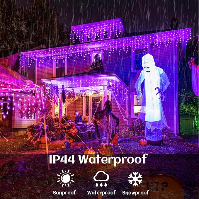 66ft Purple Halloween Lights Outdoor, 640 LED Icicle Lights for Outside Indoor Twinkle Lights with Connectable Clear Wire 8 Modes Timer Waterproof for House Party Tree Holiday Yard Decorations
