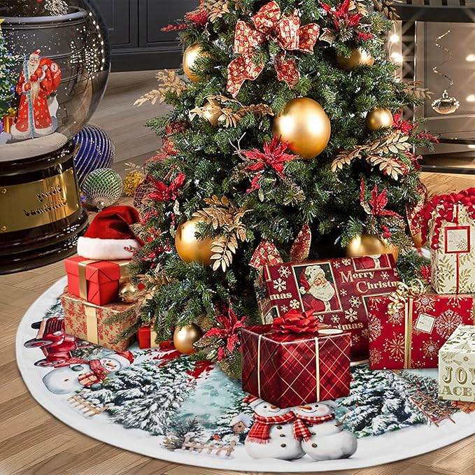 Christmas Tree Skirt 48 Inch, Red Snowman Trucker Xmas Tree Skirts, Winter Christmas Trees Mat for Home Party Holiday Indoor Outdoor Decorations
