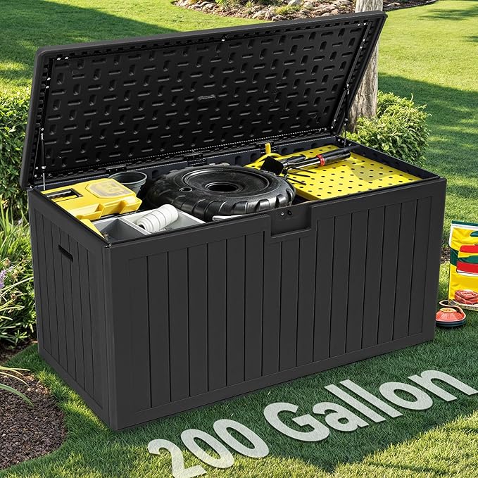 YITAHOME 200 Gallon Extra Large Deck Box, Double-Wall Resin Outdoor Storage Box with Flexible Divider for Patio Cushions Pool Supplies Garden Tools, 990 lbs Load Capacity, Lockable (Black)