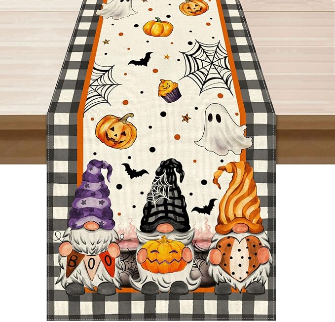 XCHI Spooky Boo Plaid Gnome Halloween Table Runner Party Table Decoration for Home Kitchen Dining Holiday Decor 13x36 Inch
