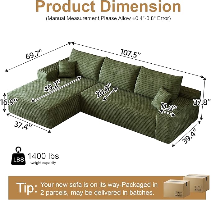 108" Sectional Couches for Living Room Modern Modular Sofa with L-Shape Couchs Upholstered Boneless Couch Deep Seat Sectional Couch with Chaise (Green, Left Facing Chaise+2Seaters)