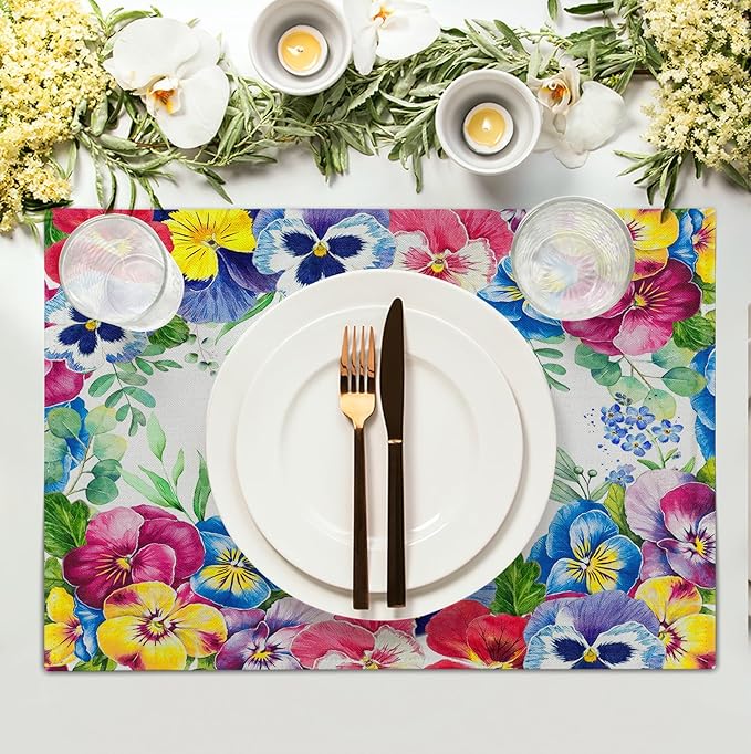Watercolor Flowers Placemats Set of 4 Spring Summer Floral Butterfly Linen Fabric Table Mats Pansy Flower Eucalyptus Leaves Washable Place Mats for Farmhouse Dining Table Kitchen Decoration