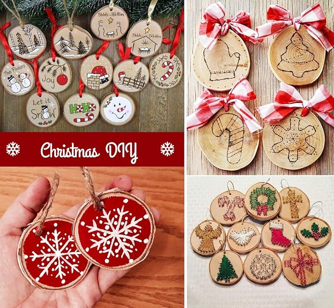 30 Pcs Wood Slices for Crafts, 1.57"-2" Pre-Drilled Holes Wood Rounds, 66 Feet Twine String, Wooden Circles for Crafts Burning Painting DIY Crafts Christmas Wedding Party Wedding Decor Party