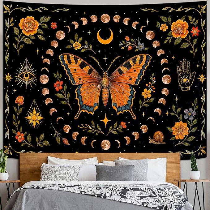 Lunerfex Moon Phase Butterfly Floral Wall Tapestry, Celestial Botanical Tapestries for Room Decor, Mystical Tapestry 90x70 Inch