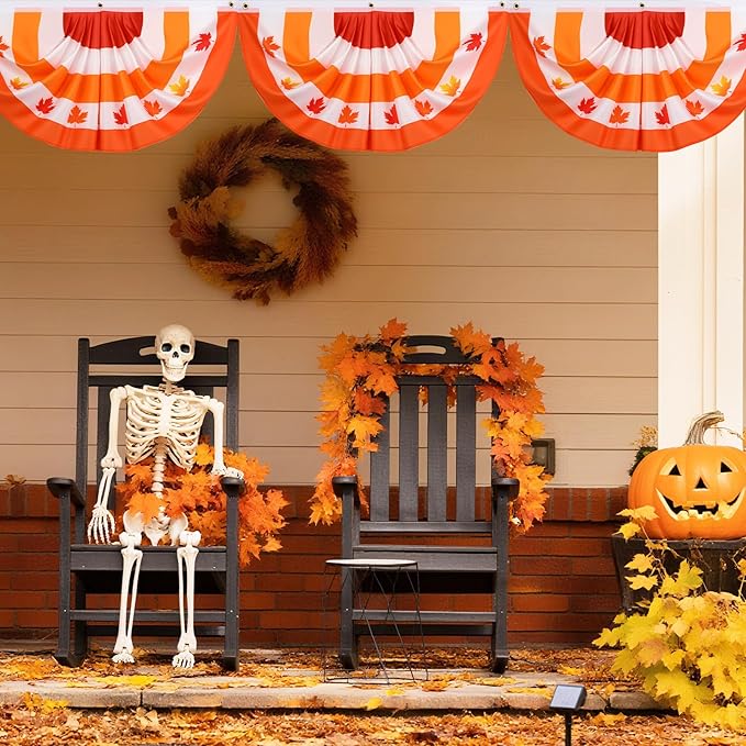 6 Pcs Fall Bunting Outdoor Flag for Outside 3 x 1.5 ft Fall Banner Leaf Pattern Hanging Pleated Bunting Fan Flag Autumn Thanksgiving Outdoor Decorations for Holiday Party