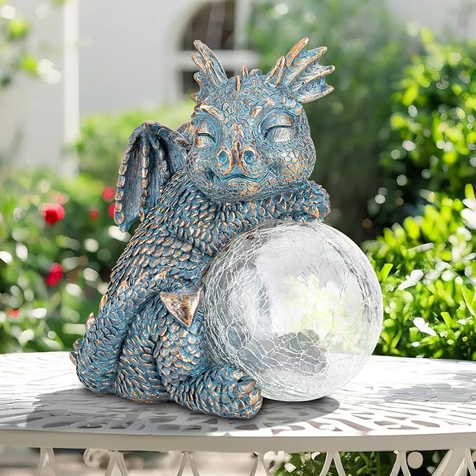 WONDER GARDEN Dragon Statue - Sleeping Dragon Figurines Solar Light Resin Garden Statues with Crackled Glass Globe Outdoor Waterproof Lawn Ornament Decor