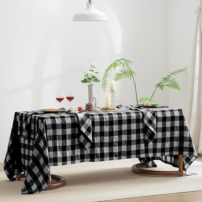 EVERLY 100% Yarn-Dyed Linen Rectangle Tablecloths 60x84Inches for Dining,Buffet Parties,Picnic,Events and Restaurants,Decorative Halloween,Thanksgiving Machine Washable Tablecloths-Black Plaid