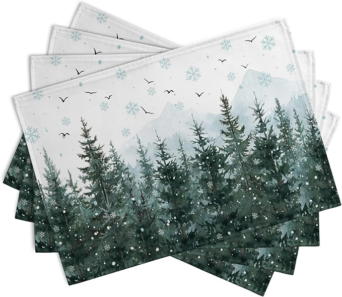 Winter Pine Tree Snowflake Placemats Set of 4 Christmas Snow Green Forest Place Mat 12x18 Inch Seasonal Xmas Holiday Rustic Nature Washable Fabric Table Mats for Farmhouse Kitchen Dining Decoration