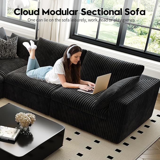 118" Cloud Couch Modular Sectional Sofa for Living Room,Modern Sofa with Deep Seat,L-Shape Boneless Couch with Ottoman,Comfy Upholstered Corduroy Couches for Apartment, Studio, Office,Bedroom,Black