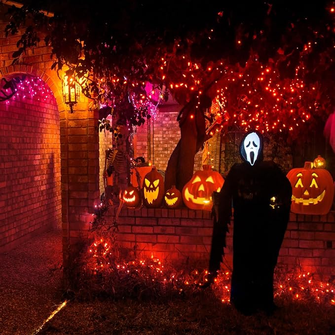 Orange Halloween Lights Outdoor, 66FT 200 LED String Lights for Outside with 8 Modes Waterproof, Plug in Connectable Twinkle Light Green Wire for Indoor Garden Tree Patio Party Decorations
