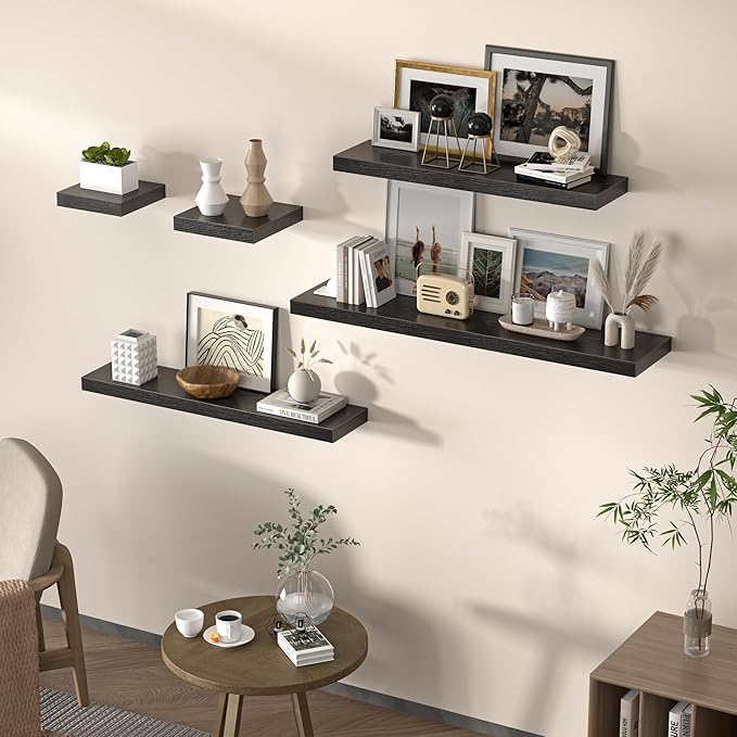 Square Floating Shelves for Wall, 10" W x 10" D x 1.2" H, Small Wooden Wall Mounted Display Shelves with Invisible Brackets for Living Room, Bedroom, Bathroom, Kitchen Decor, Set of 4, Black